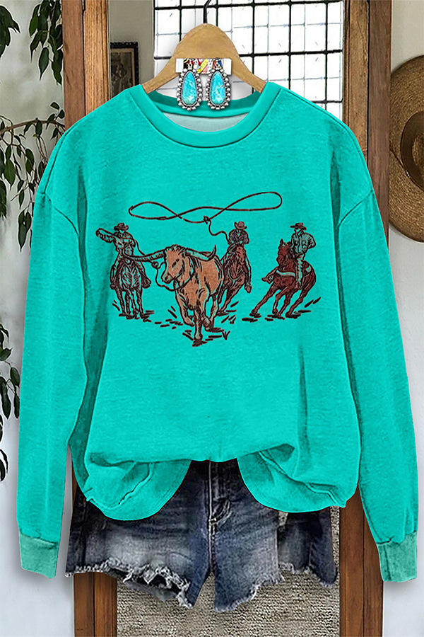 Retro Western Cowboy Print Long Sleeve Sweatshirt