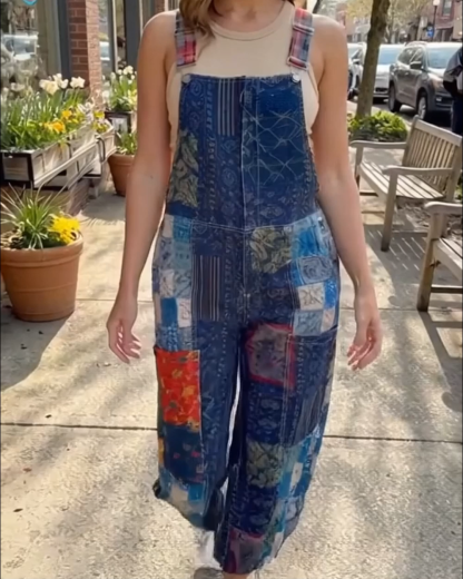 Ethnic-Style Printed Patchwork Pocket Overalls