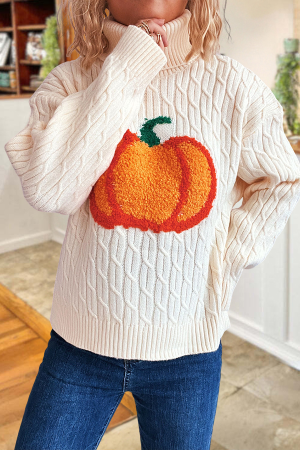 Halloween Pumpkin Towel Embroidery Turtleneck Cable Sweater