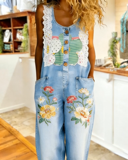 Pastoral Lace Floral Washed Cotton Denim Overalls