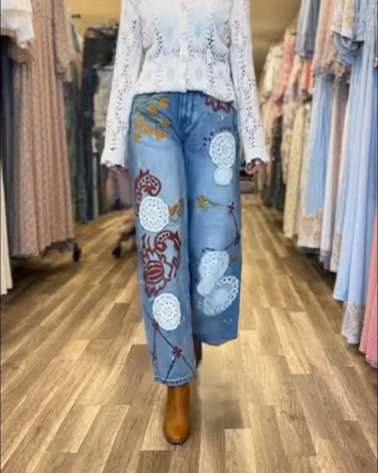 Denim-Style Lace Print Wide-Leg Pants