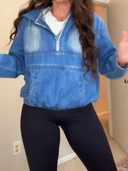 Denim Pockets Elasticated Hem Hooded Sweatshirt