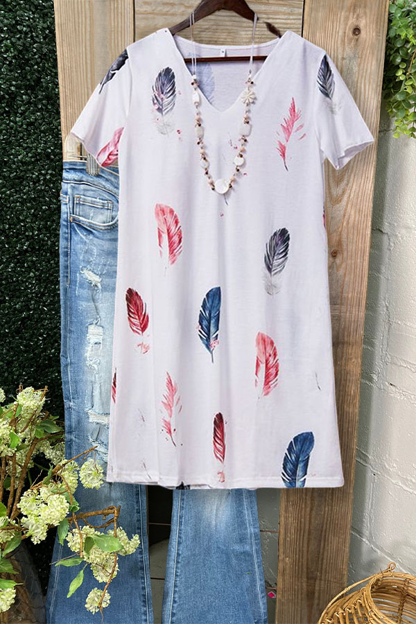Feather Print V-neck Short Sleeve Dress