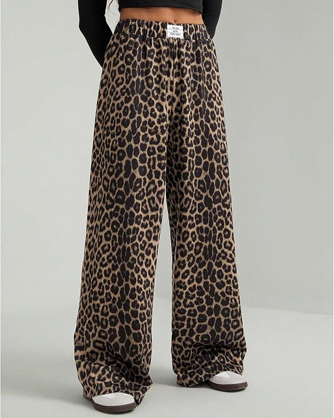 Tapered-Waist Sweatshirt with Leopard Print Wide Leg Pants set