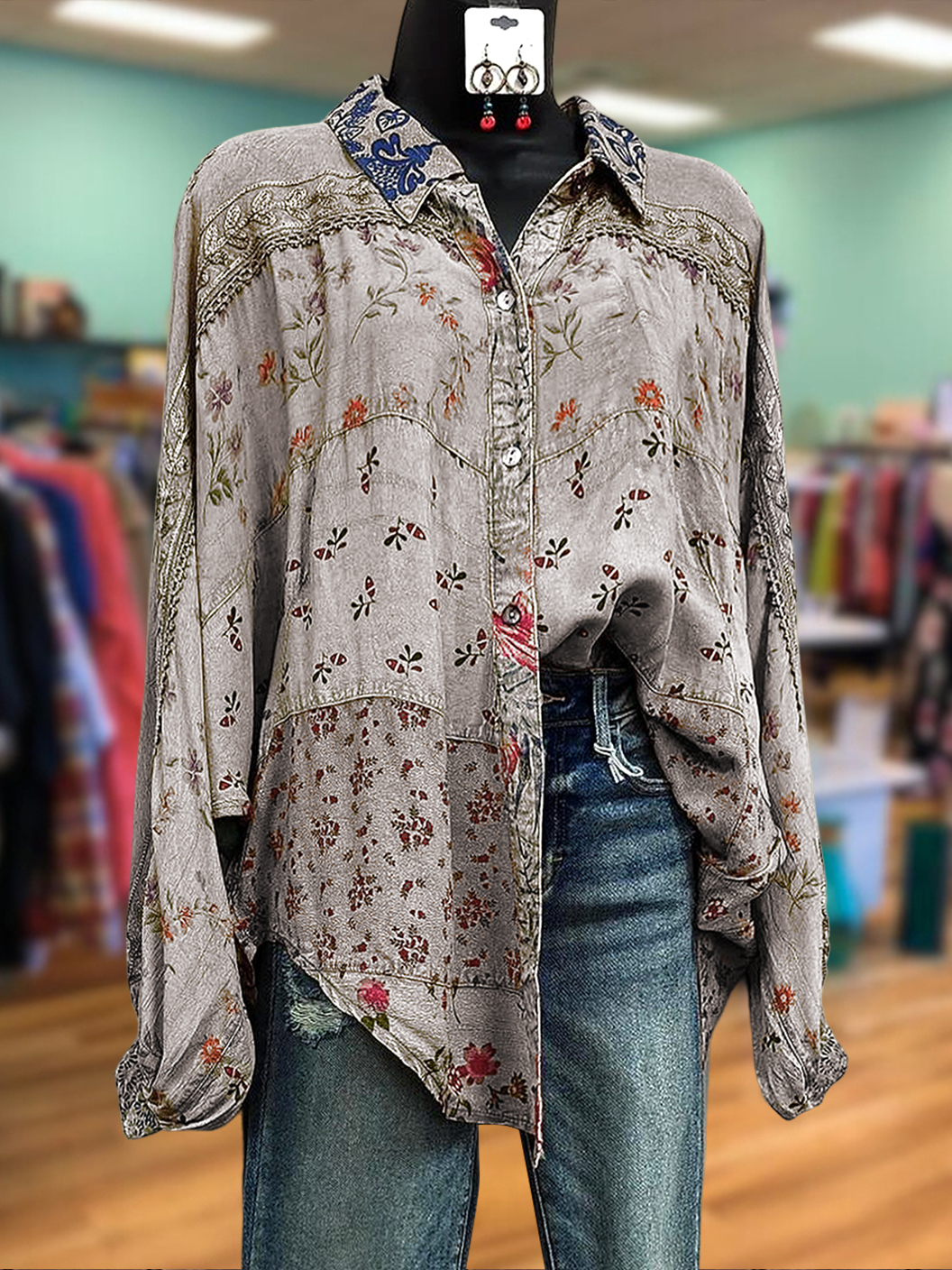 Retro Floral Patchwork Web Detail Shirt