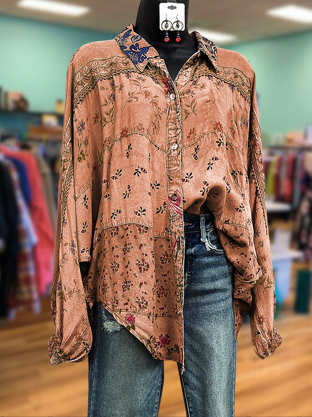 Retro Floral Patchwork Web Detail Shirt