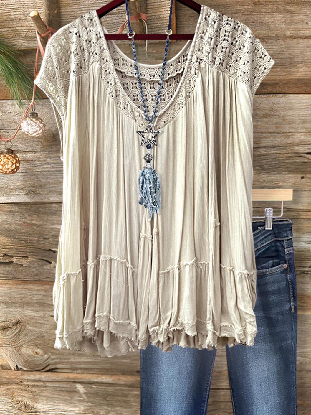 Cozy Ruched Crochet Patchwork Top