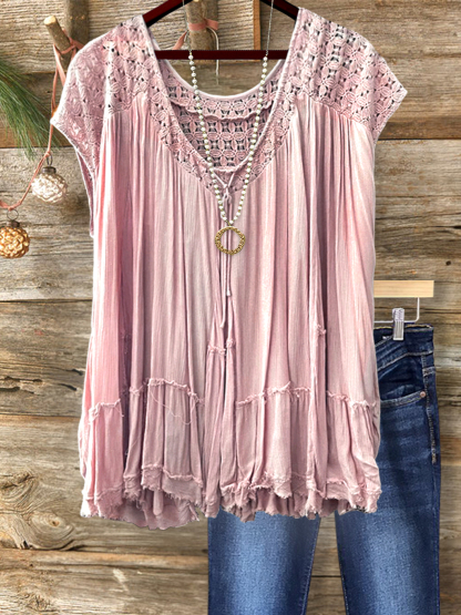 Cozy Ruched Crochet Patchwork Top