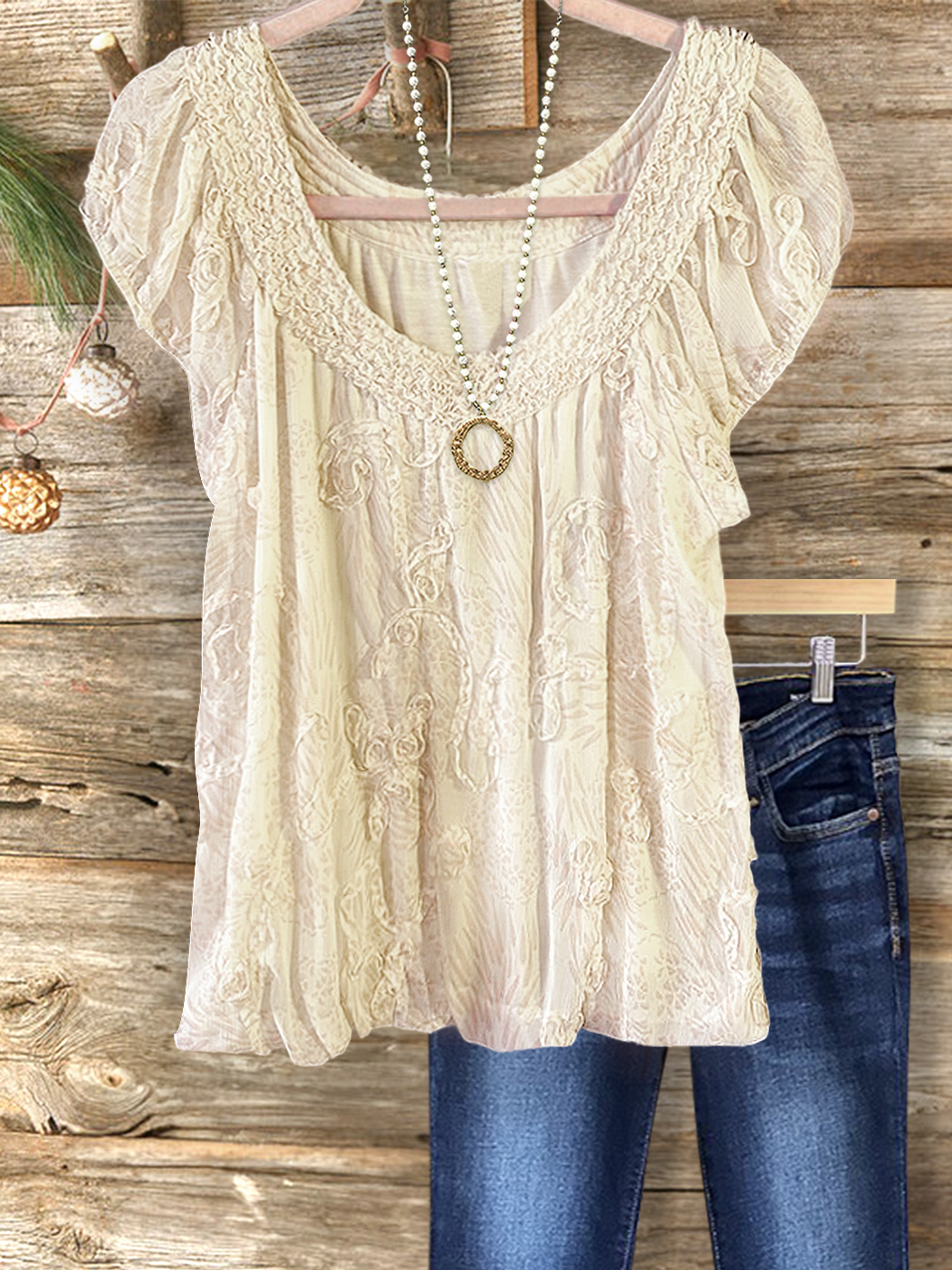 Elegant Floral Smocked Crew Neck Top