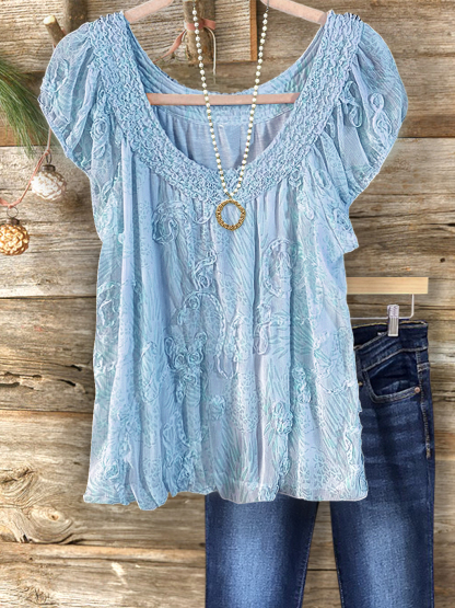 Elegant Floral Smocked Crew Neck Top