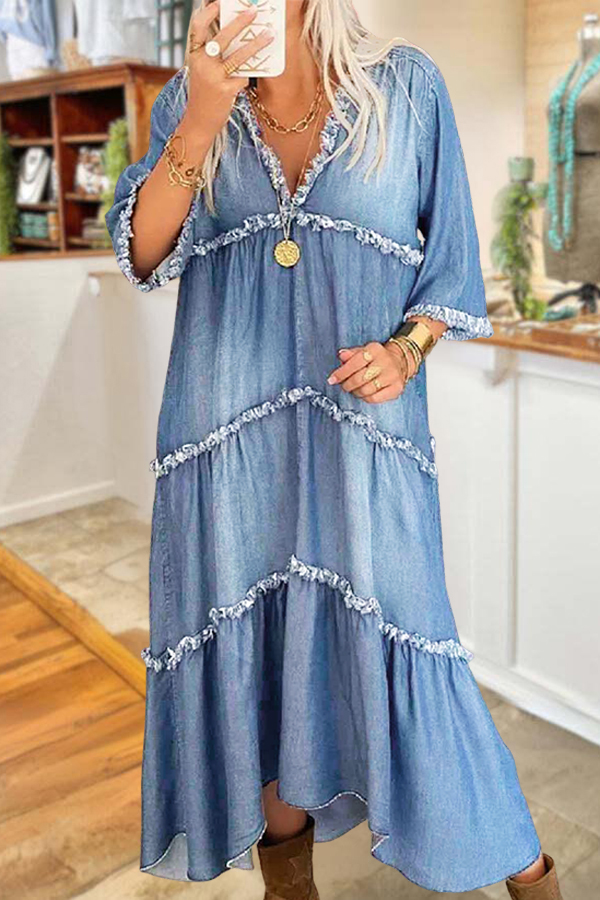 Washed Denim Frayed Beach Cake Maxi Dress