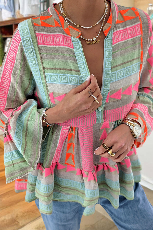 Cotton Colorful Striped Ruffle Sleeve Shirt