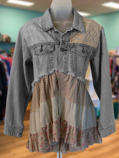 Pastoral Style Floral Patchwork Denim Jacket