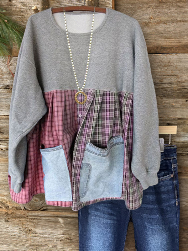 Casual Check Patchwork Sweatshirt