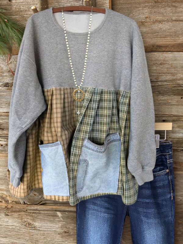 Casual Check Patchwork Sweatshirt