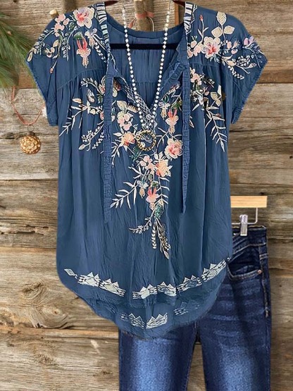 Casual Elegant Floral Print Short Sleeve Top