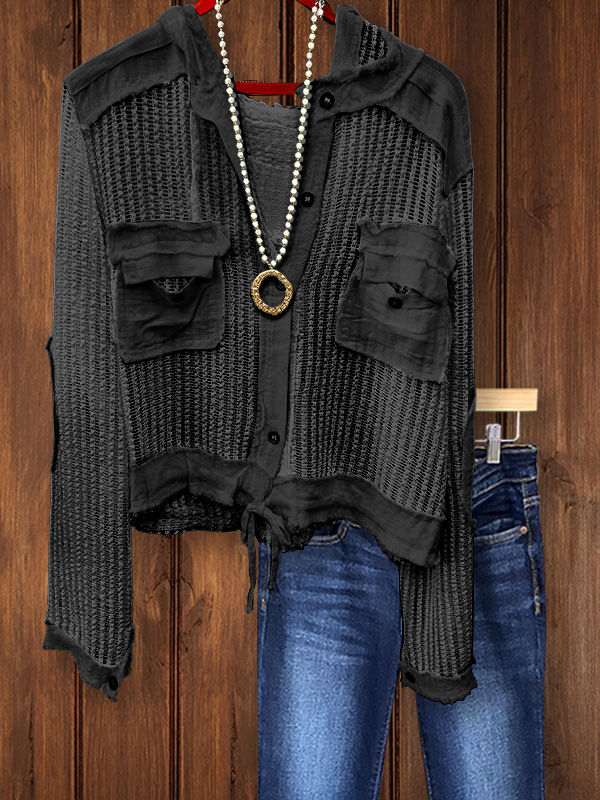 Button Down Crochet Blouse With Denim Patches And Tie Bottom