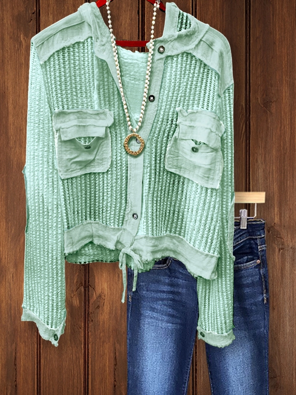 Button Down Crochet Blouse With Denim Patches And Tie Bottom