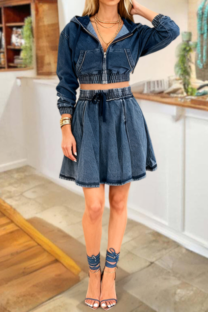 Casual Hooded Denim Jacket & Skirt Set
