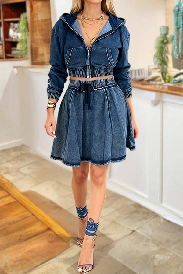 Casual Hooded Denim Jacket & Skirt Set