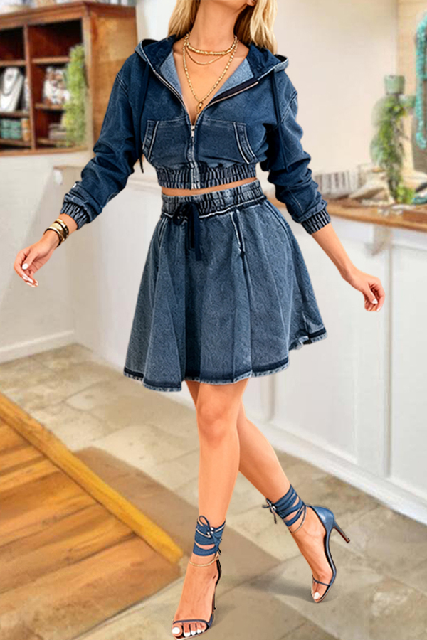 Casual Hooded Denim Jacket & Skirt Set