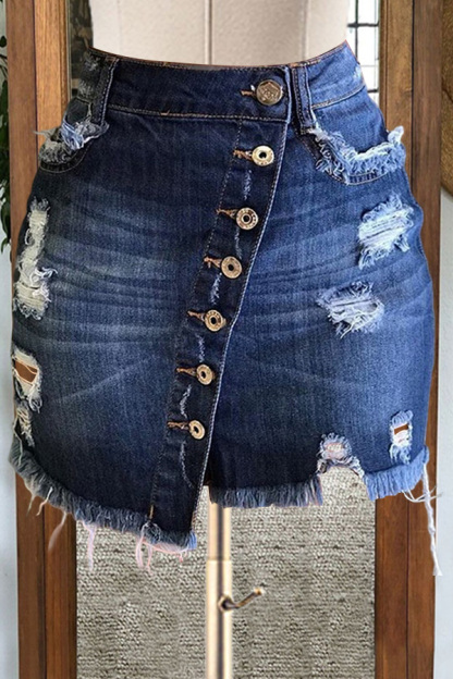 Sexy Ripped Button Hip-hugging Denim Skirt