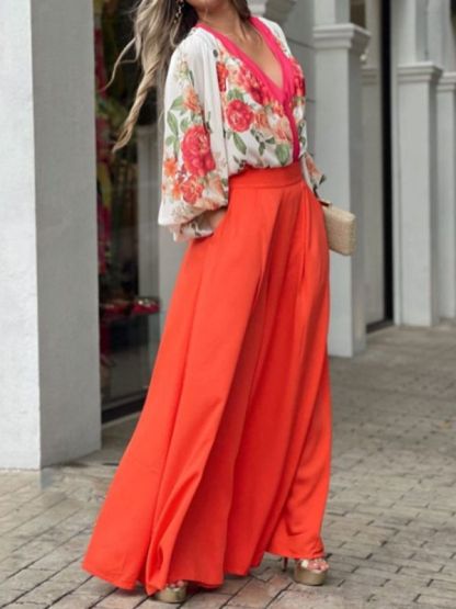 Floral Contrast Top High Waist Wide Leg Pants Set
