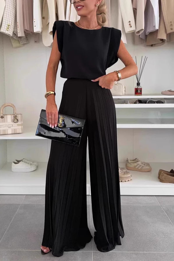 Classic Sleeveless Top Pleated Wide Leg Pants Set