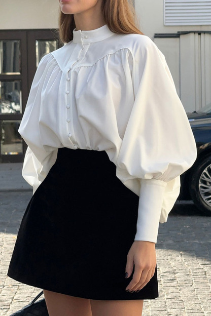 Classic Balloon Sleeve Pleated Blouse