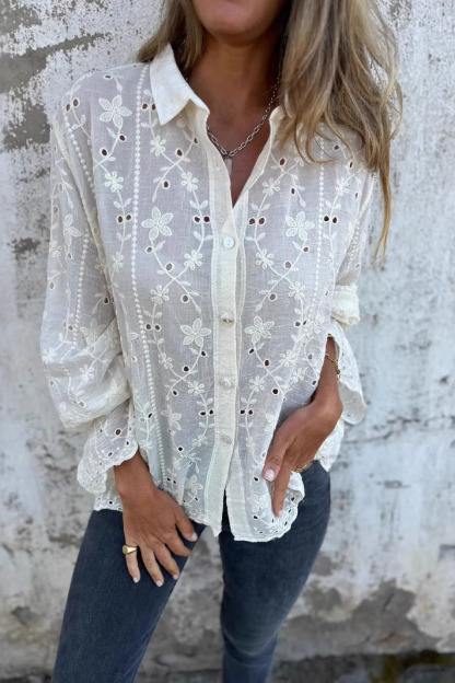 Classic Solid Color Embroidered Hollow Cotton and Linen Shirt