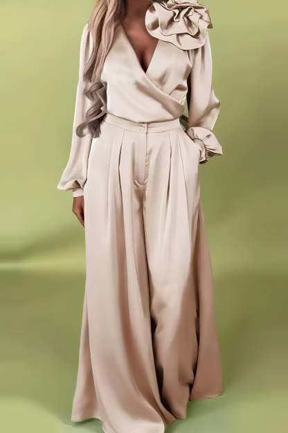 Elegant Floral Satin V-Neck Top and Wide-Leg Pants Set