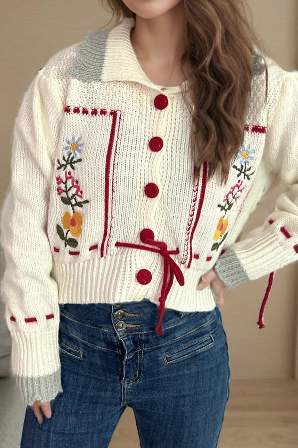 Classic Lapel Tie Embroidered Flower Cardigan Sweater
