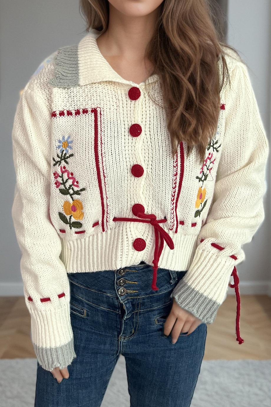 Classic Lapel Tie Embroidered Flower Cardigan Sweater
