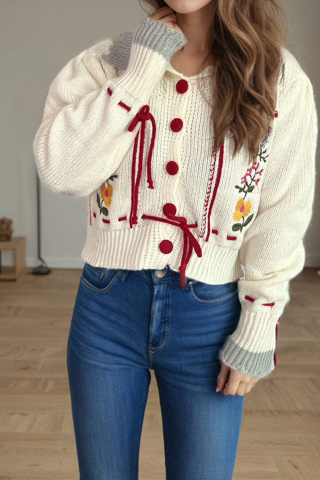 Classic Lapel Tie Embroidered Flower Cardigan Sweater