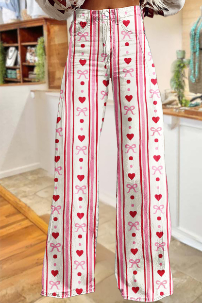 Valentine's Day Heart Print Wide-Leg Pants