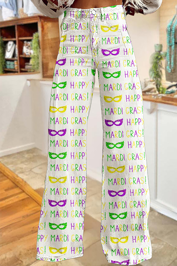 Mardi Gras Print Wide-Leg Pants