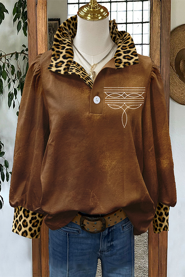 Western Boot Stitch Leopard Print Blouses