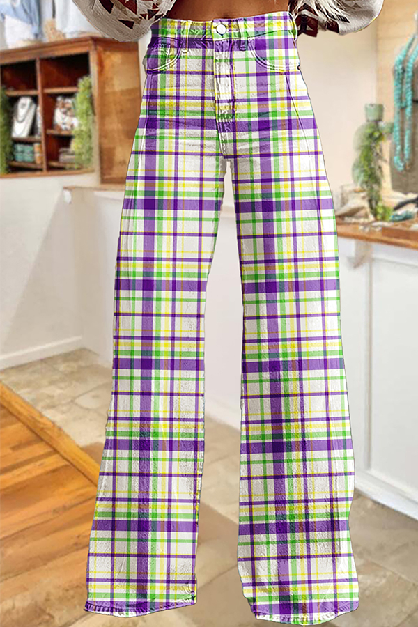 Mardi Gras Plaid Wide-Leg Pants