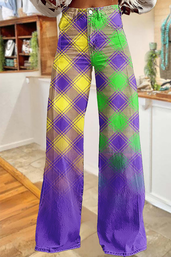Mardi Gras Gradient Plaid Wide-leg Pants
