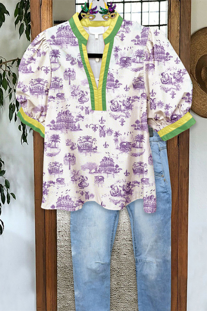 Classic Mardi Gras Puff Sleeve Blouse