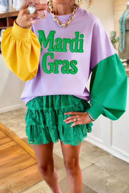 Mardi Gras Color Block Bishop Sleeve Sweatshirt