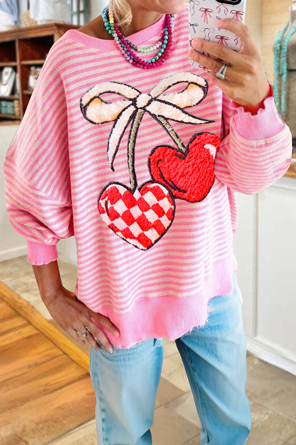 Cute Valentine's Day Cherry Striped Sweatshirt