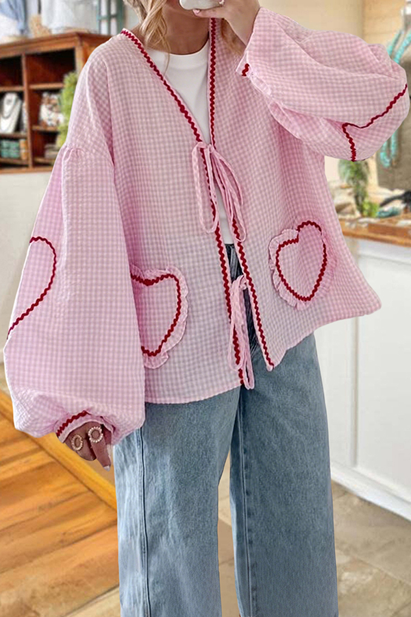 Sweet Plaid Heart Lace Blouses