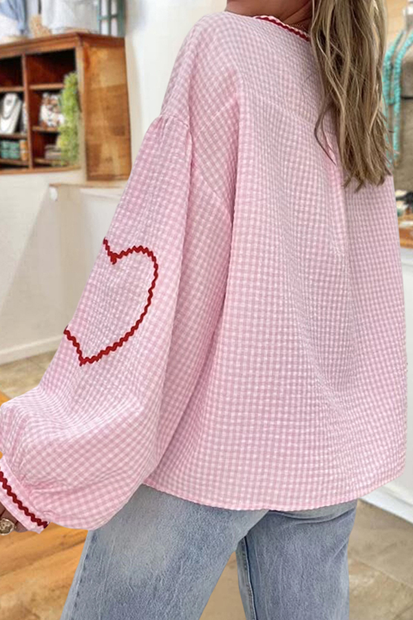 Sweet Plaid Heart Lace Blouses