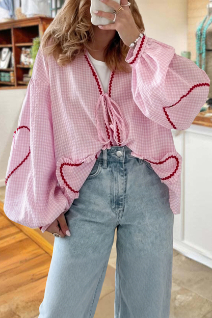 Sweet Plaid Heart Lace Blouses