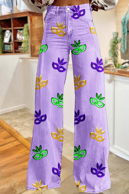 Mardi Gras Mask Wide-Leg Pants