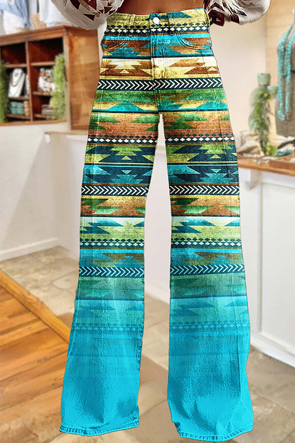 Western Aztec Print Wide-Leg Pants