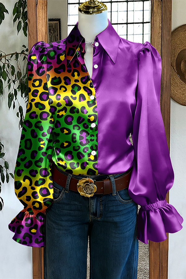 Mardi Gras Leopard Print Puff-Sleeve Satin Blouse