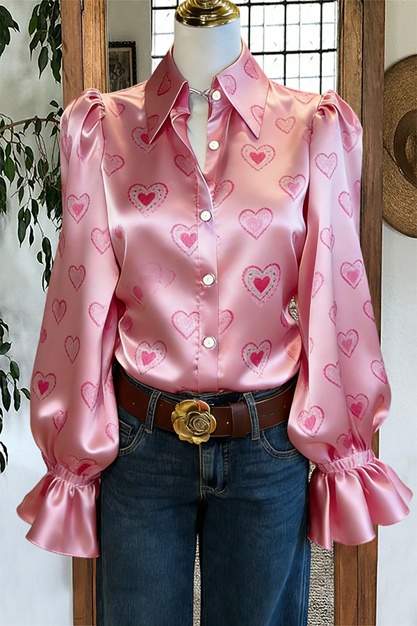 Valentine's Day Heart Puff-Sleeve Satin Blouse