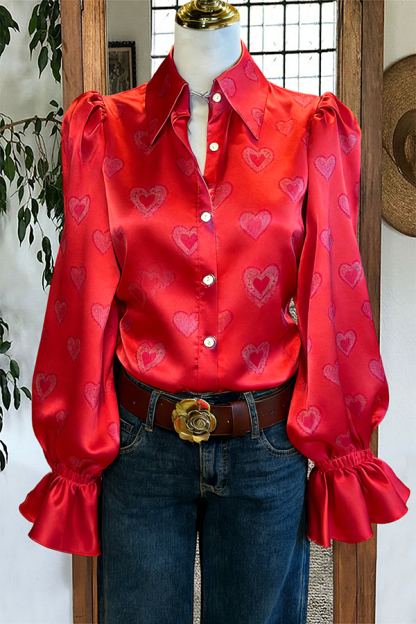 Valentine's Day Heart Puff-Sleeve Satin Blouse